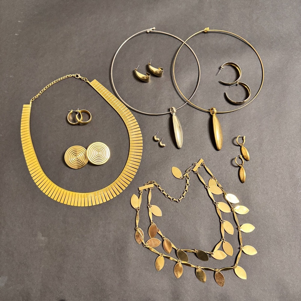 Gold Tone‎ Necklace Earring Jewelry Lot Womens Modern Retro Statement Leaf Hoop